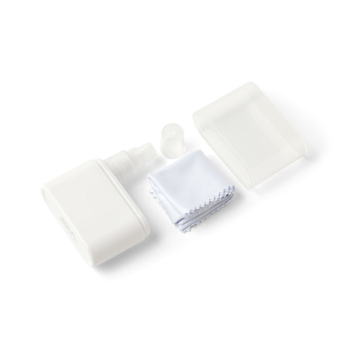 Zoe Spray & Wipe Cleanser - A white spray bottle accompanied by a cleaning cloth and a clear protective case. The bottle has a spray nozzle.