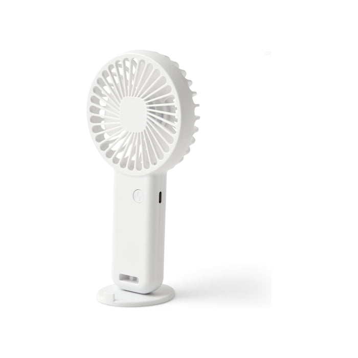 Hybrid Fan - A portable white fan with a textured circular design and a handle, featuring a base for upright positioning.