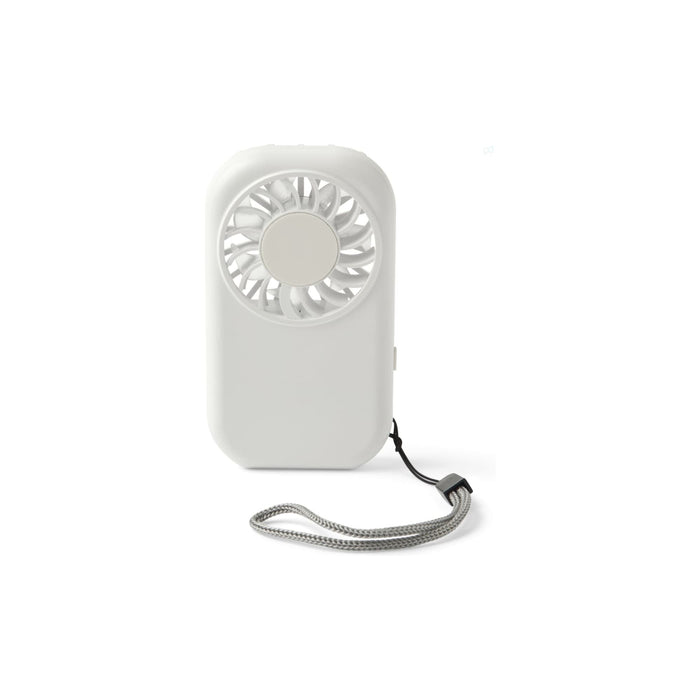 Mini Pocket Fan - A mini pocket fan in white with a circular fan blade and a wrist strap. Includes a logo on the product.