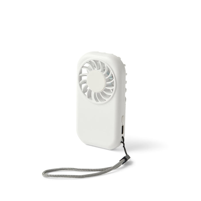 Mini Pocket Fan - A white mini pocket fan with a grey wrist strap. The fan features a circular grille for airflow.