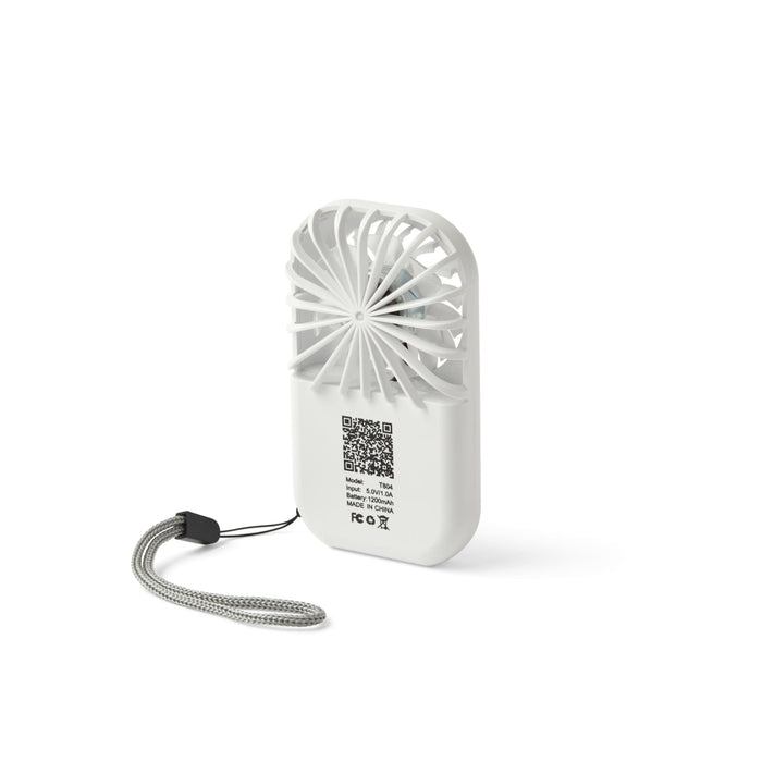 Mini Pocket Fan - A white mini pocket fan with a circular blade design and a detachable cord for easy carrying.