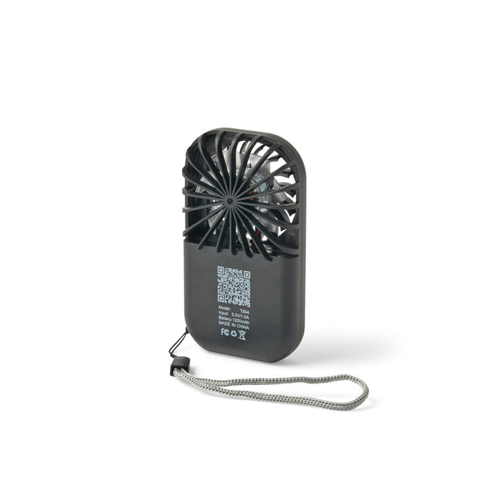 Mini Pocket Fan - A black mini pocket fan featuring a prominent fan blade design and a detachable strap for easy carrying.