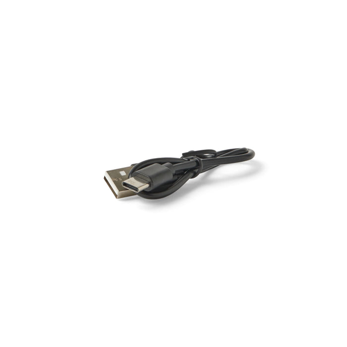 Mini Pocket Fan - A black USB charging cable with a standard USB connector and a USB-C connector. It is coiled neatly.