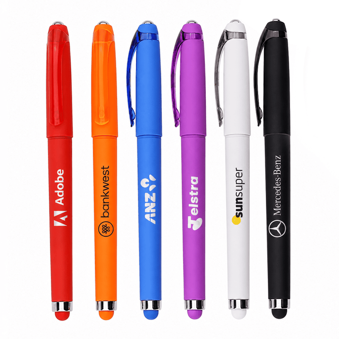 Fidget Gel Pen - A collection of six gel pens in red, orange, blue, purple, white, and black, featuring various branding.