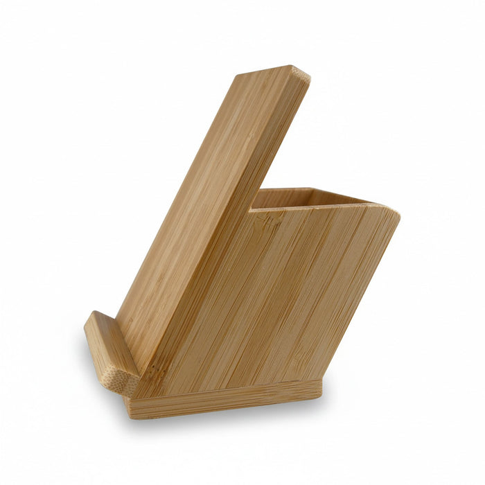 Bamboo Mobile Stand and Pen Holder - A bamboo mobile stand and pen holder with a slanted design, showcasing its natural wood finish.