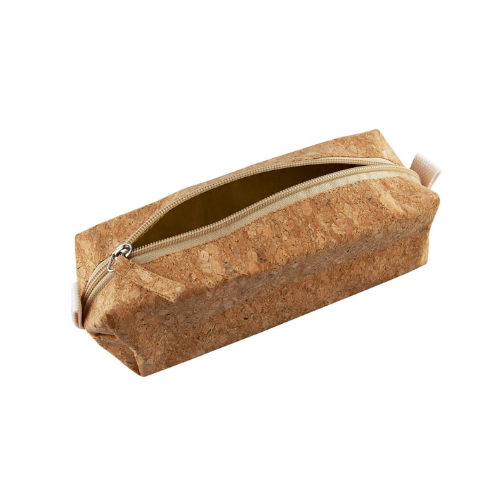 Cork Pencil Case - A cork pencil case with a tan exterior and a zip closure, featuring a light-coloured interior.
