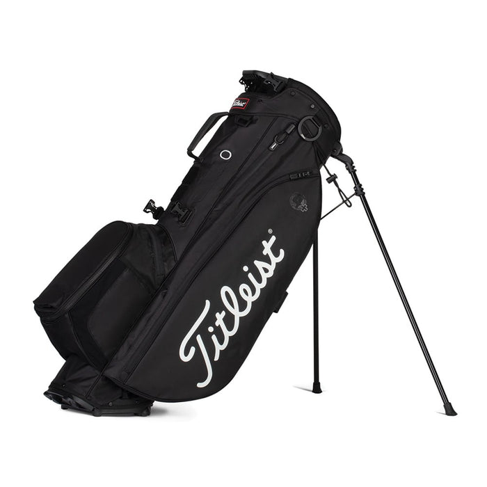 Titleist Players 5 Stand Bag - A black stand bag featuring a logo, designed for golf with adjustable legs and multiple compartments.