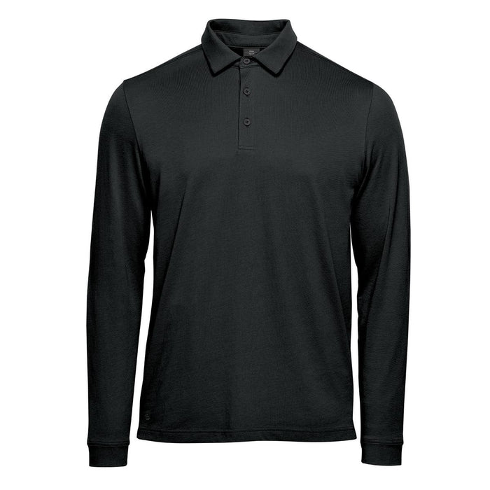 Men's Nevada L/S Micro Pique Polo - A long-sleeved, black polo shirt with a collar and buttoned placket, featuring a logo.