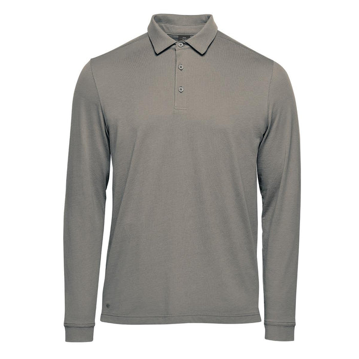 Men's Nevada L/S Micro Pique Polo - A men's long-sleeve polo in grey with a collar and three buttons, featuring a logo on the side.
