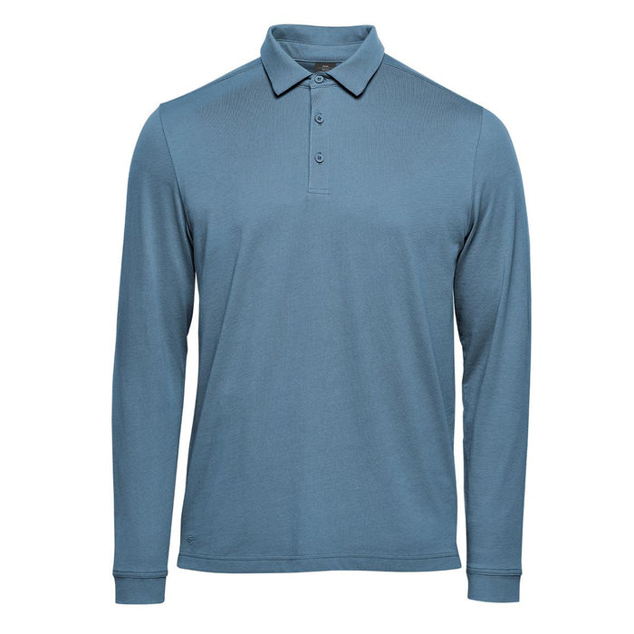 Men's Nevada L/S Micro Pique Polo - A long-sleeve micro pique polo in a blue-grey shade, featuring a collar and three-button placket. It has a logo.
