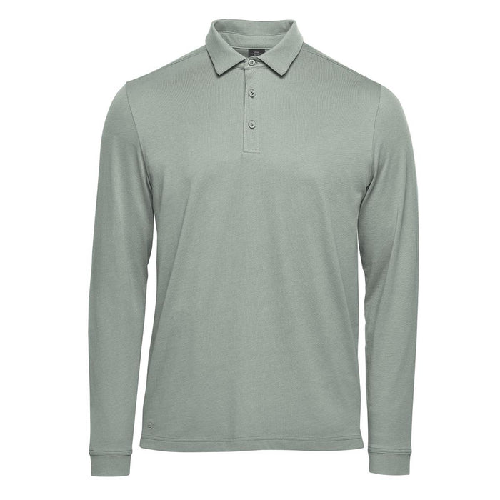 Men's Nevada L/S Micro Pique Polo - A long-sleeved, light green polo shirt with a collar and three buttons, featuring a logo on the chest.