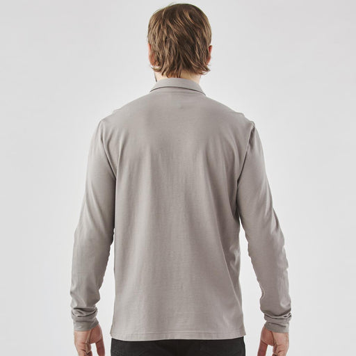 Men's Nevada L/S Micro Pique Polo - A long-sleeve grey polo shirt with a simple design and a logo on the back.