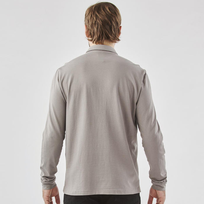 Men's Nevada L/S Micro Pique Polo - A long-sleeve grey polo shirt with a simple design and a logo on the back.