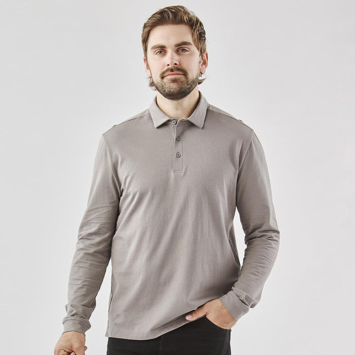 Men's Nevada L/S Micro Pique Polo - A long-sleeved grey men's polo shirt with a collar and buttons, featuring a logo.
