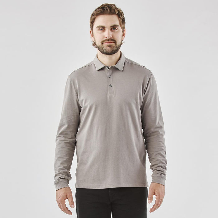 Men's Nevada L/S Micro Pique Polo - A long-sleeved grey polo shirt for men with a collar and a branding logo.