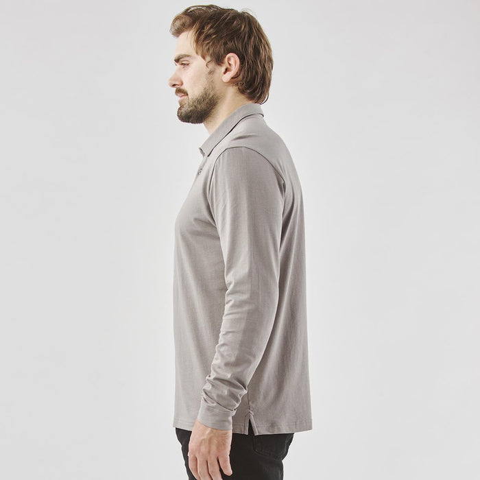 Men's Nevada L/S Micro Pique Polo - A grey long-sleeved micro pique polo shirt displayed on a male model in profile view. Features a logo.