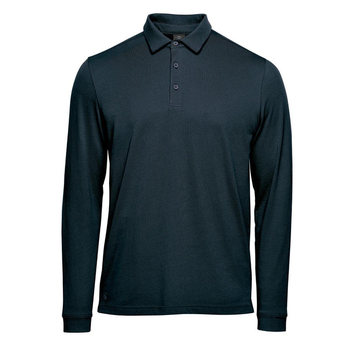 Men's Nevada L/S Micro Pique Polo - A long-sleeve polo in navy blue featuring a collar and three-button placket, with a logo on the hem.