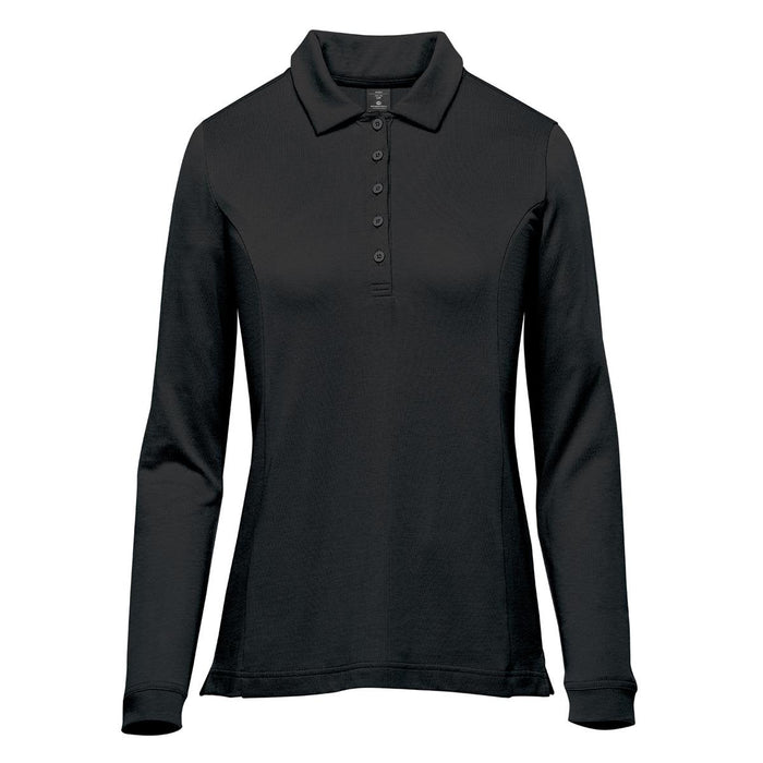 Women's Nevada L/S Micro Pique Polo - A women's long sleeve micro pique polo in black with a collar and buttons, featuring a logo.