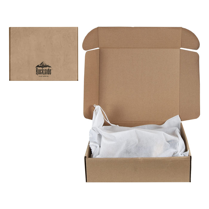 Sewo Kraft Paper Storage Bag – Medium - A kraft paper box with a logo, opened to reveal white tissue paper inside. The box is in a neutral brown colour.