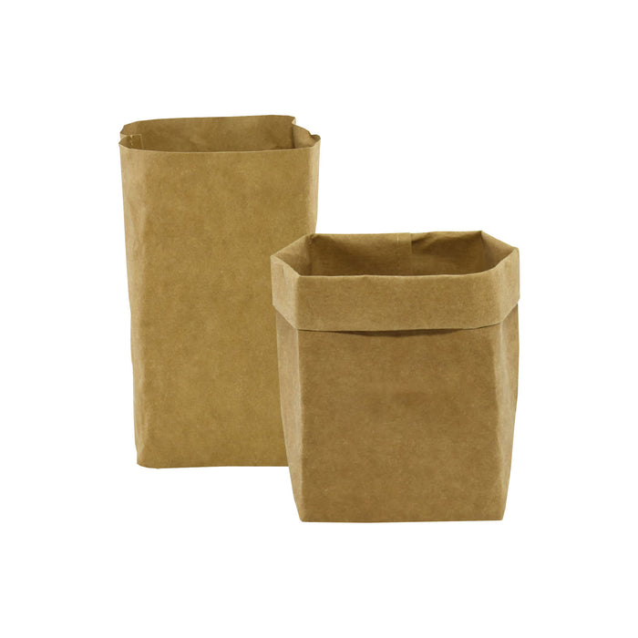 Sewo Kraft Paper Storage Bag – Medium - Two medium kraft paper storage bags in a natural brown colour with a folded top. One bag has a square shape.