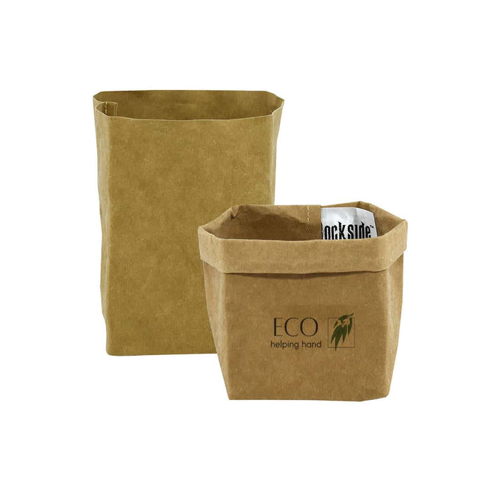 Sewo Kraft Paper Storage Bag – Small - A small, brown Kraft paper storage bag with a fold-over top and a logo on the front. Two bags are displayed.