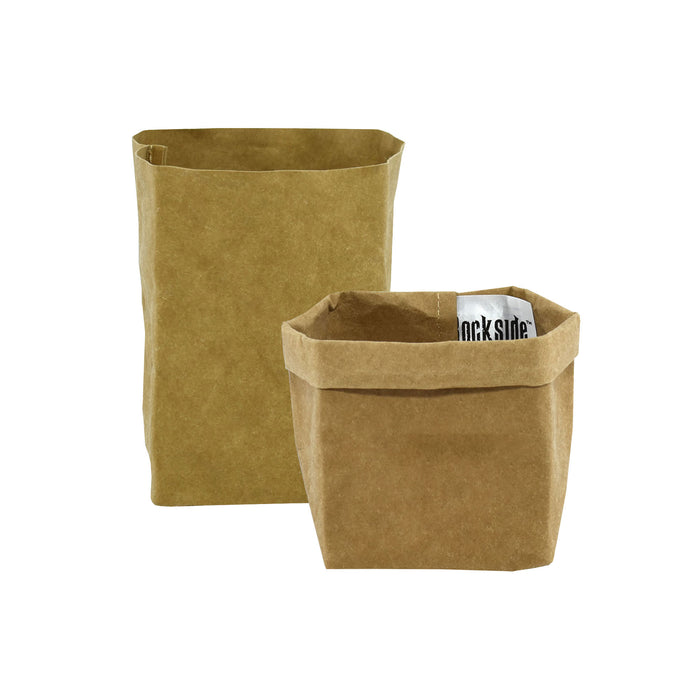 Sewo Kraft Paper Storage Bag – Small - Two small kraft paper storage bags in a brown colour, one slightly larger than the other, with a logo visible.