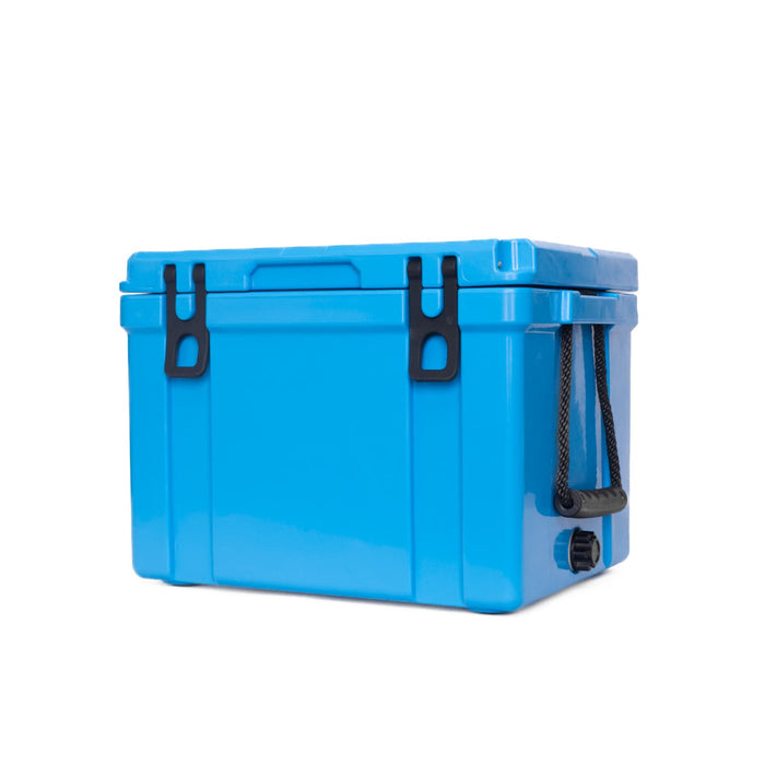 25L Cooler Box - A blue 25L cooler box with black latches and a side handle, featuring a textured surface and a drainage plug.
