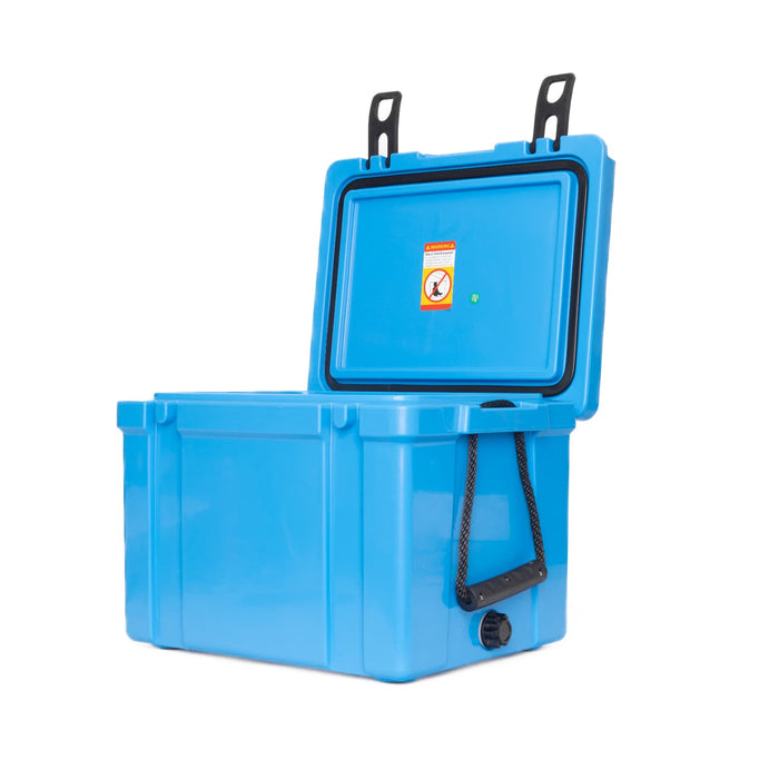 25L Cooler Box - A blue cooler box with an open lid and a handle, featuring a drainage spout and a logo.