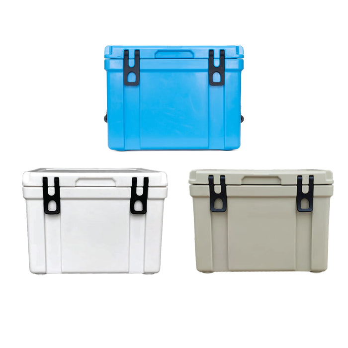 25L Cooler Box - A 25L cooler box in blue, white, and grey, featuring black clips and handles. Each box has a logo.