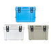 25L Cooler Box - A 25L cooler box in blue, white, and grey, featuring black clips and handles. Each box has a logo.
