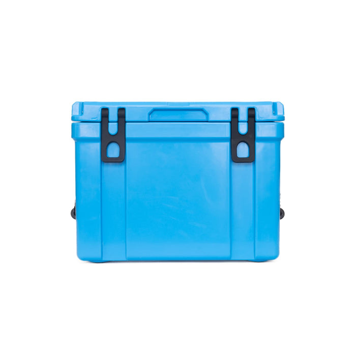 25L Cooler Box - A blue cooler box with black clips and a sturdy handle, designed for keeping items cold.