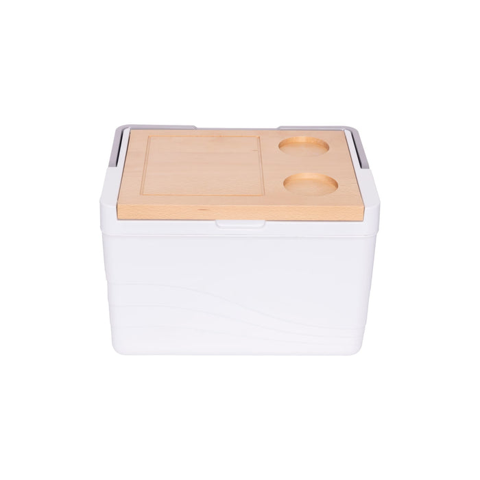 11L Premium Cooler Box - A white cooler box with a wooden lid featuring two drink holders and a smooth design, including a logo.