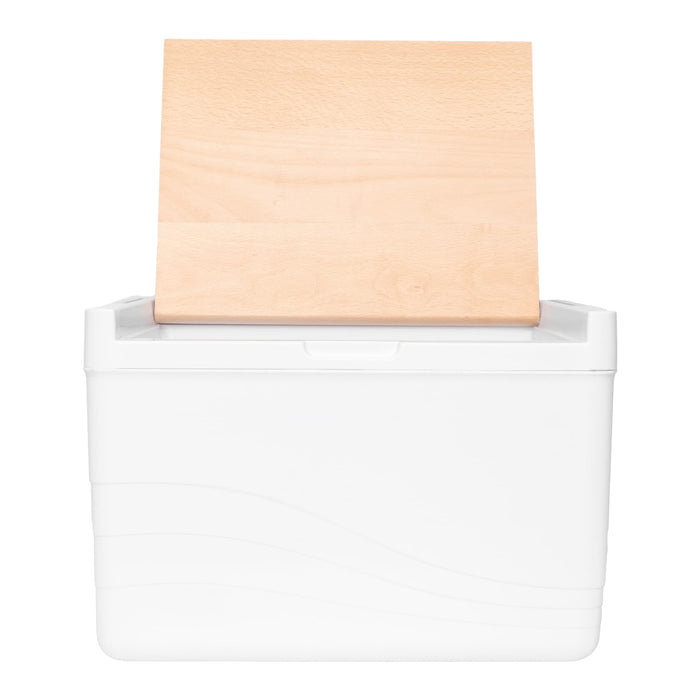 11L Premium Cooler Box - A white cooler box with a light wood lid resting on top, featuring a smooth, curved design.