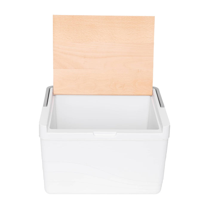 11L Premium Cooler Box - A white 11L premium cooler box with a wooden lid. The box features a simple design and is brandless.