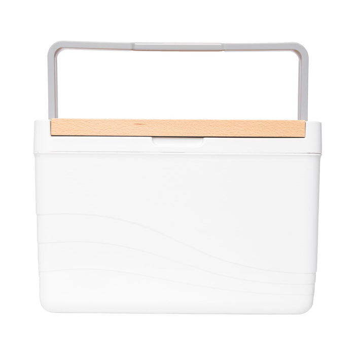 11L Premium Cooler Box - A white cooler box with a wooden handle, featuring a smooth, wavy design. It has a logo on the front.