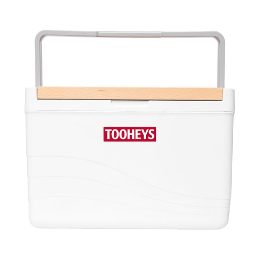 11L Premium Cooler Box - A white cooler box with a wooden handle and a logo on the front. Suitable for keeping items cool.