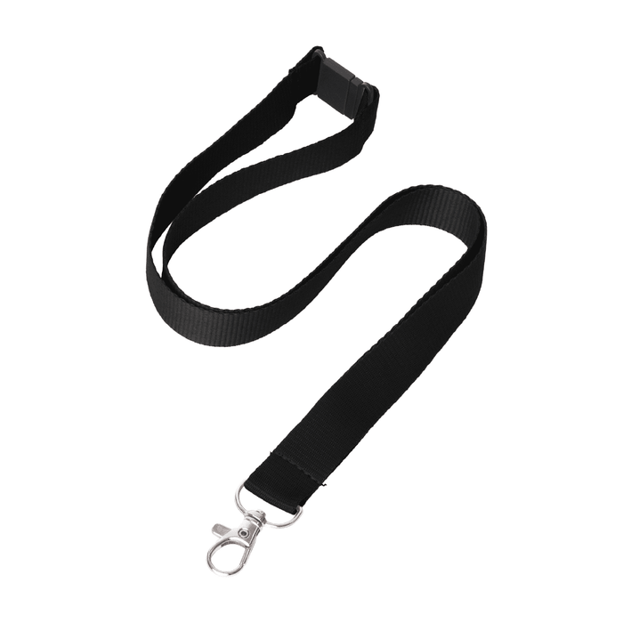 Express Flat Ribbed Lanyard - 20mm - A black ribbed lanyard measuring 20mm, featuring a clip and a buckle. Suitable for events and exhibitions.