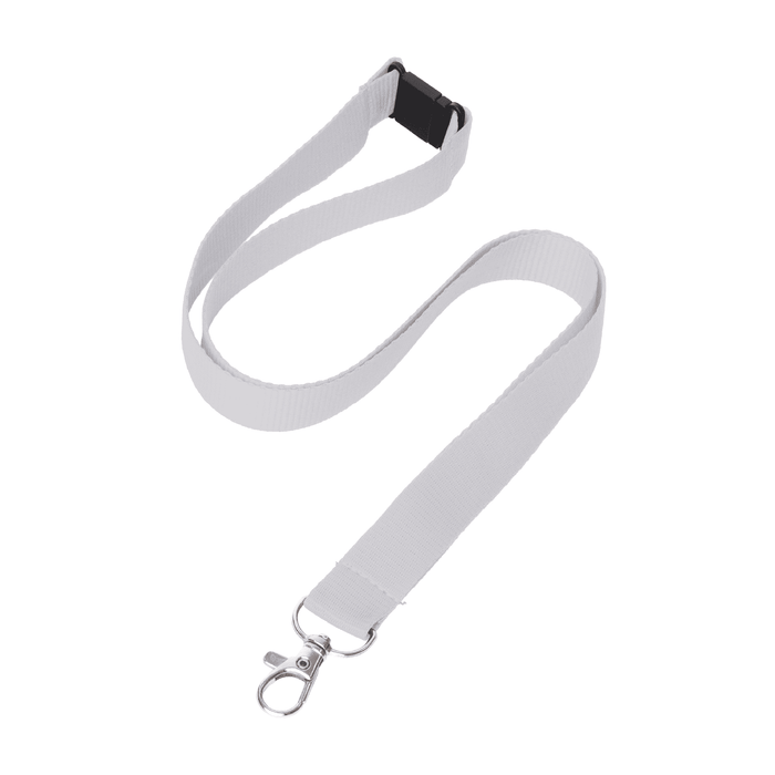 Express Flat Ribbed Lanyard - 20mm - A flat ribbed lanyard in white, featuring a metal clip and a plastic buckle. Ideal for exhibitions and events.