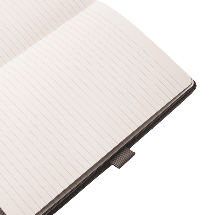 A5 Carbon Notebook - A5 carbon notebook with lined pages and a dark cover, featuring an attached ribbon marker and logo.