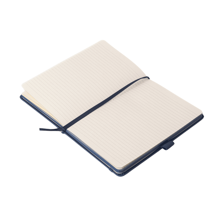 A5 Carbon Notebook - A5 Carbon Notebook in navy blue with lined pages and an elastic band closure. Features a logo on the cover.