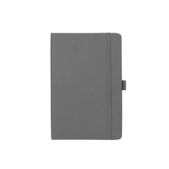 A5 Carbon Notebook - A5 carbon notebook in grey with a textured cover and elastic closure. Features a logo on the front.