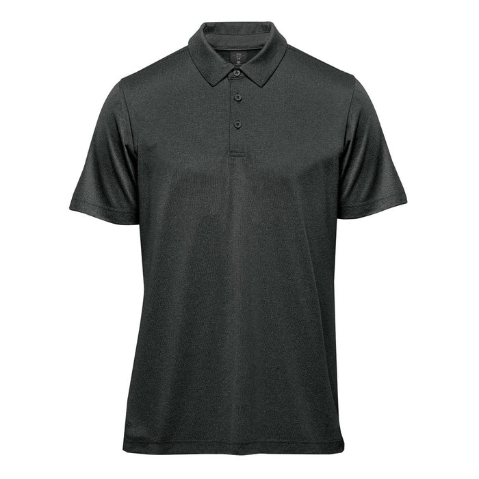Men's Volante H2X-DRY Polo - A dark grey short-sleeved polo shirt with a collar and three buttons, featuring a logo.