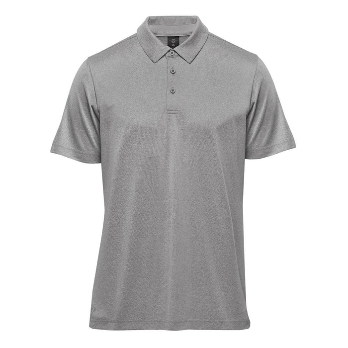 Men's Volante H2X-DRY Polo - A grey men's polo shirt with a three-button placket and short sleeves, featuring a logo on the label.