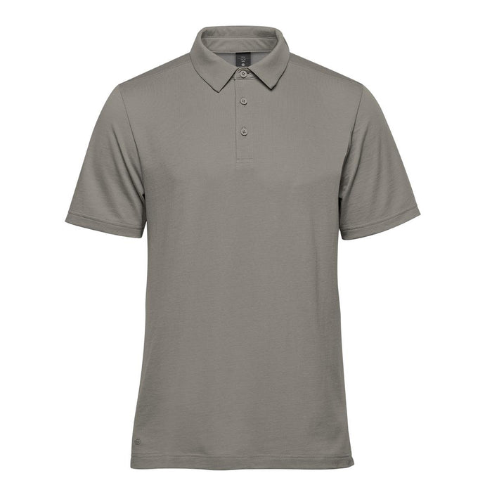Men's Nevada Micro Pique Polo - A men's short-sleeve polo in grey, featuring a classic collar and three-button placket. It has a logo on the chest.