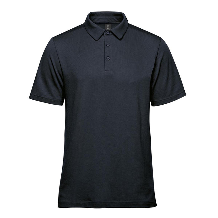 Men's Nevada Micro Pique Polo - A navy blue men's polo shirt featuring a collar, short sleeves, and a logo on the chest.