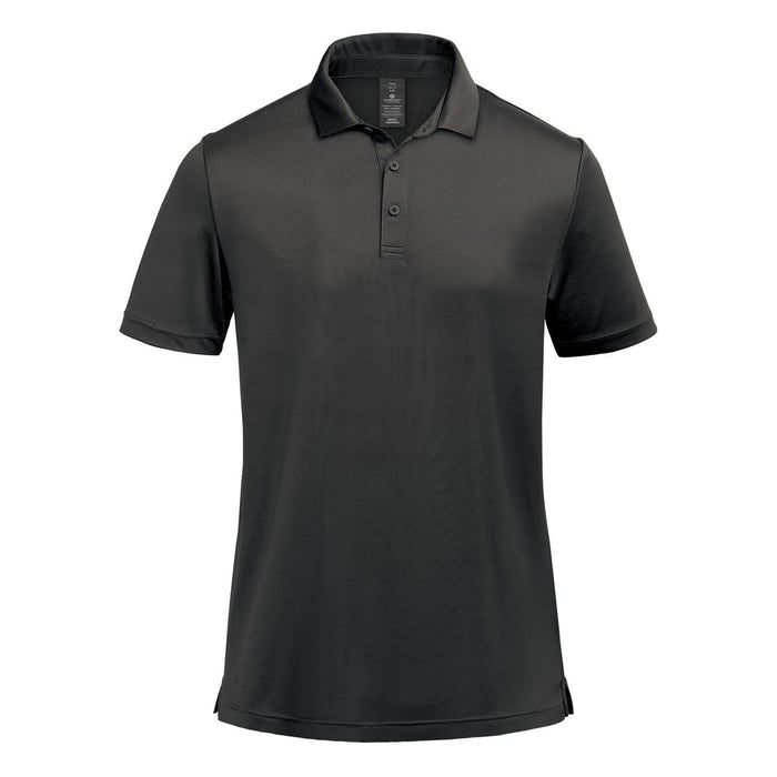 Men's Monterey Polo - A black men's polo shirt featuring a collar, three buttons, and a logo on the chest.