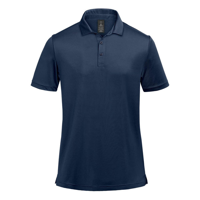 Men's Monterey Polo - A navy blue Men's Monterey Polo shirt, featuring a collar and button placket, with a logo on the chest.