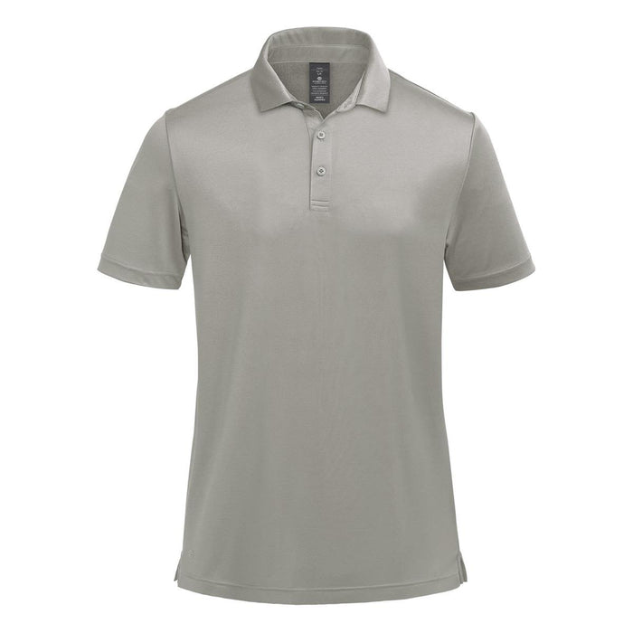 Men's Monterey Polo - A grey polo shirt featuring a collar and three buttons, with a logo on the upper left side.