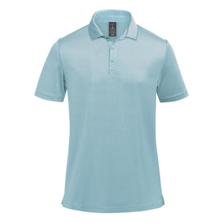 Men's Monterey Polo - A light blue men's polo shirt with a collar and three-button placket, featuring a logo on the chest.