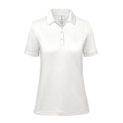 Women's Monterey Polo - A white women's polo shirt with a collar and short sleeves, featuring a branded logo.